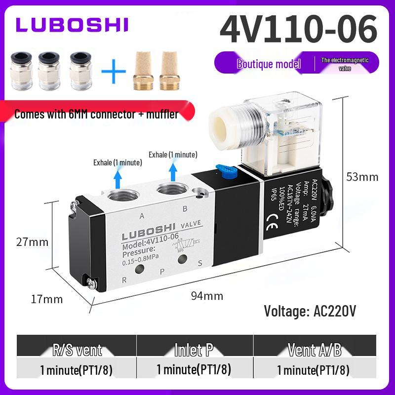220V Pneumatický solenoidový ventil 4V410-15: 8mm Konektor, 2-polohový 5cestný řídicí ventil pro válec, 24V Směrový pneumatický ventil.