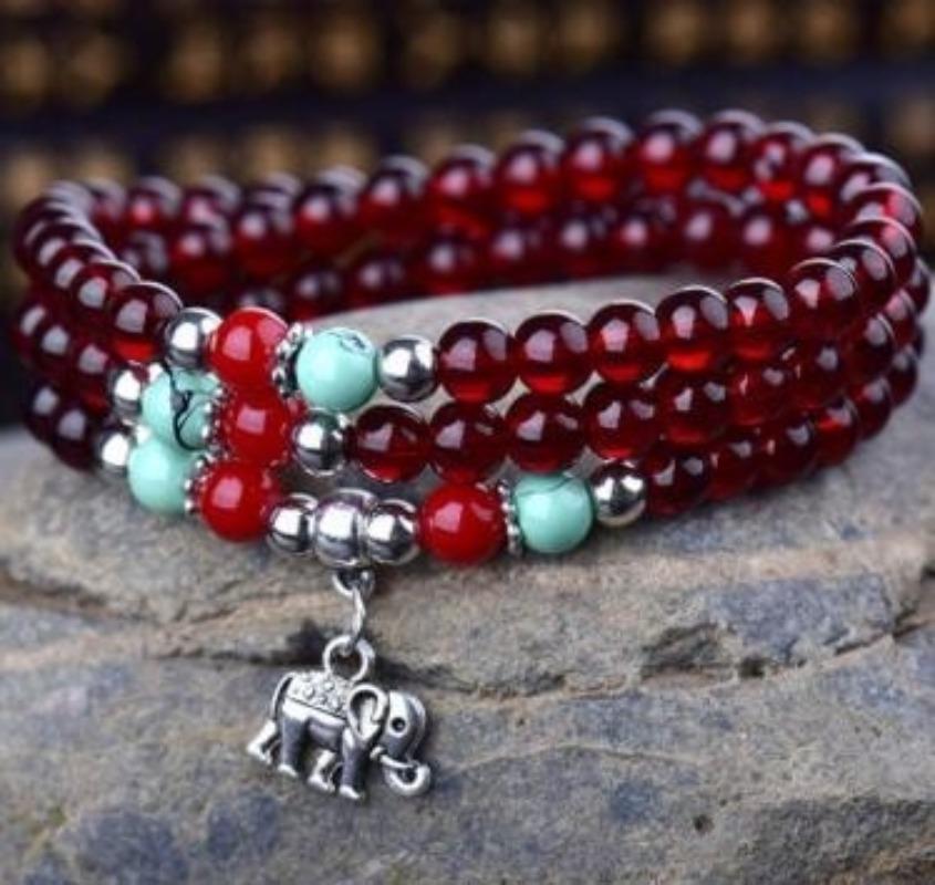 Retro Elefant Charm Mehrlagiges 6mm Rote Granat Perlen Armband Edelstein Armband