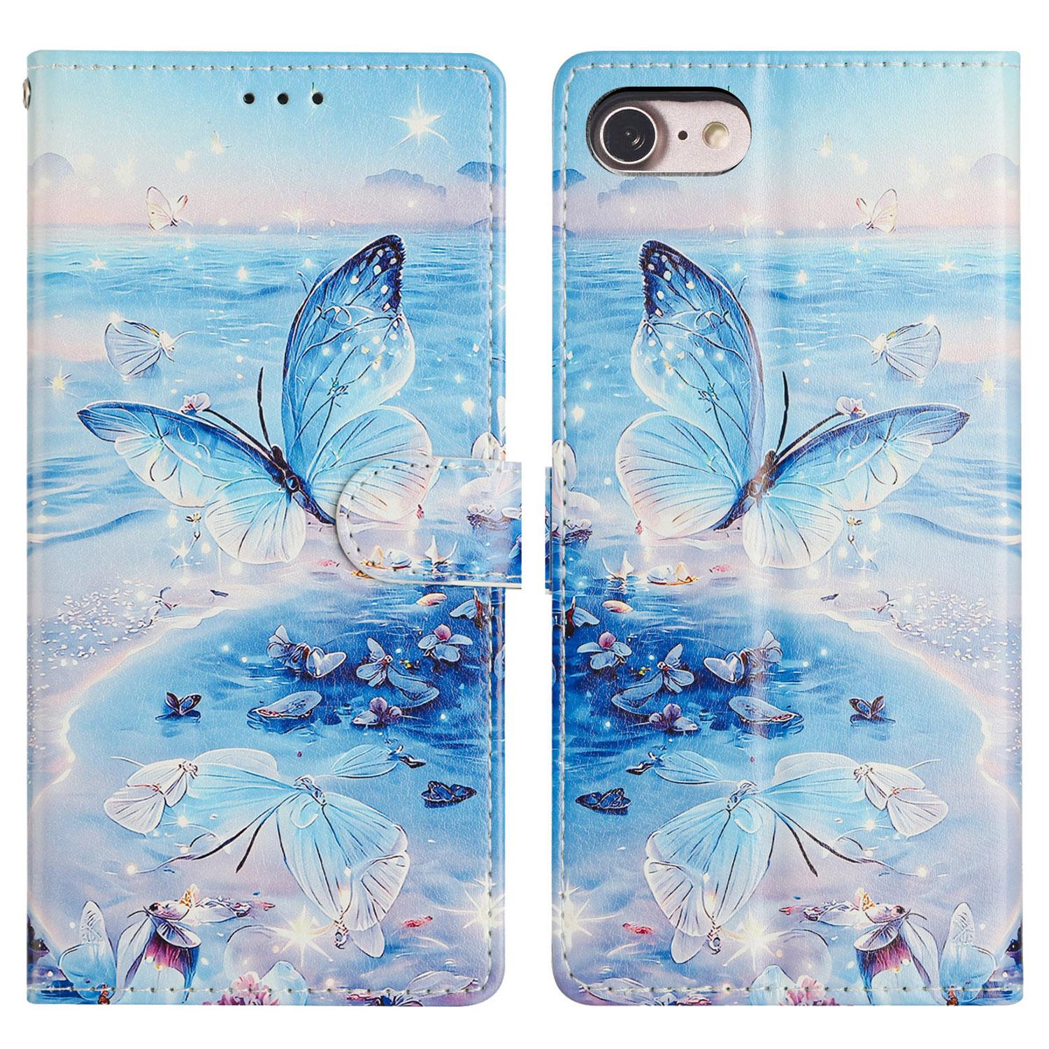 

For iPhone 16e Wallet Phone Case PU Leather Flip Cover with Stand Card Holder Painted Design Ocean Butterfly