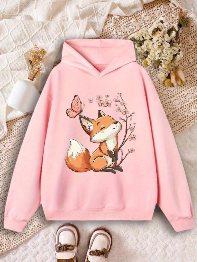 Cute Fox Butterfly Kids Hoodie Cherry Blossom Floral Chest Print Autumn Winter Fleece Warm Children Casual Hooded Sweatshirt