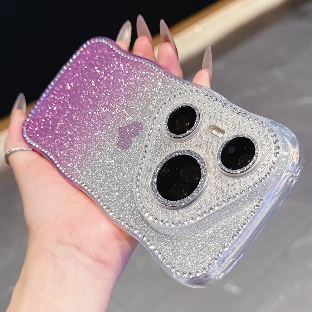 KEYSION Gradient Love Heart Wavy Phone Case for Huawei Pura 70 80 Pro 80 70 Ultra Glitter Jewelled Lens Protector Shockproof Cover