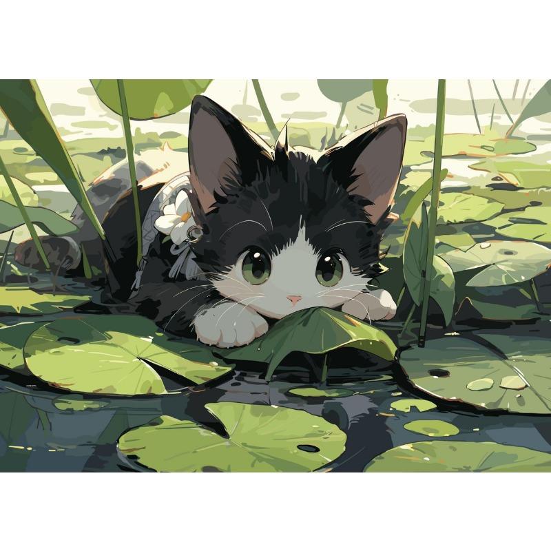 Cute Cat and Frog On The River Lotus Leaf Poster Modern Animals Canvas Painting Wall Art for Living Room Home Decor Mural