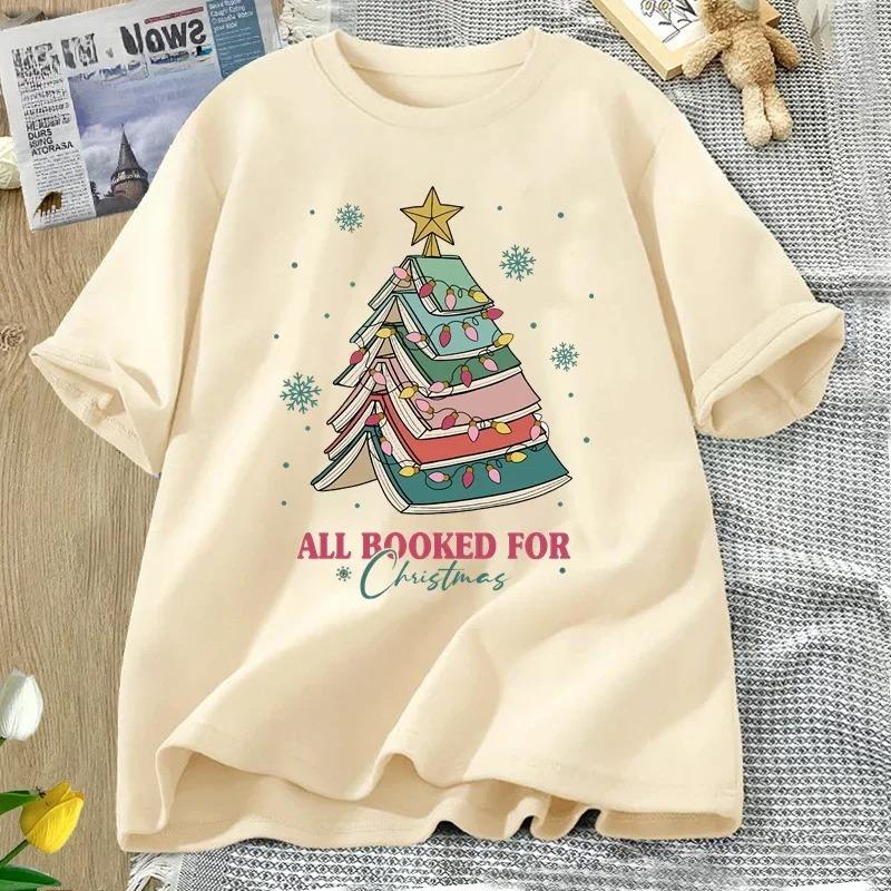 

Fashionable book Christmas tree print Harajuku style aesthetic Tshirt for Womens daily versatile short sleeved Tshirt S