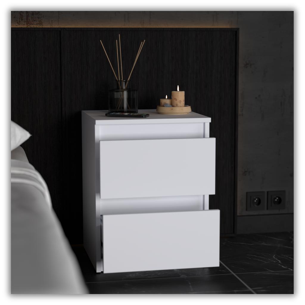 White Bedside Cabinet 40 Cm 2 Drawers Large Bedside Table For Bedroom