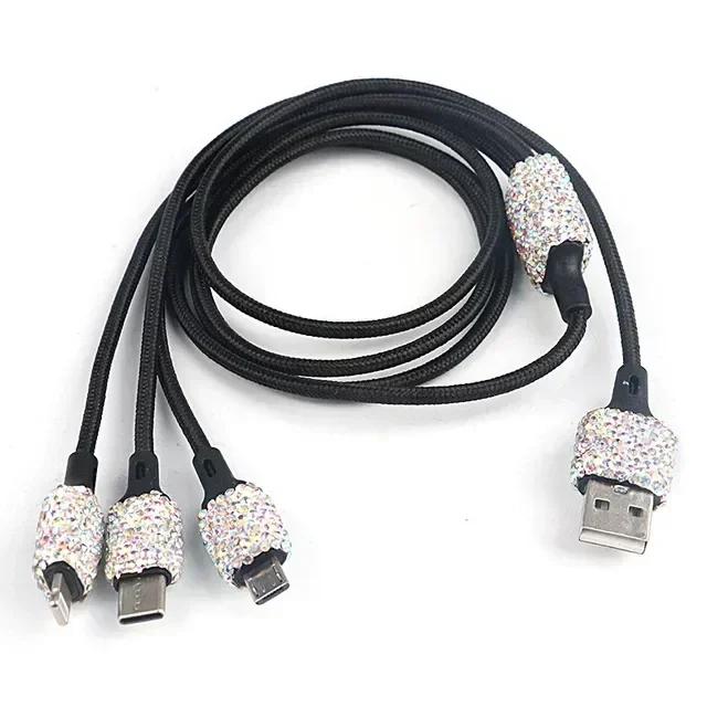 USB Car Charger Bling Bling Handmade Rhinestones Crystal Car Decorations for 3-in-1 5V 2.1A Car Decors for IPhone/Samsung