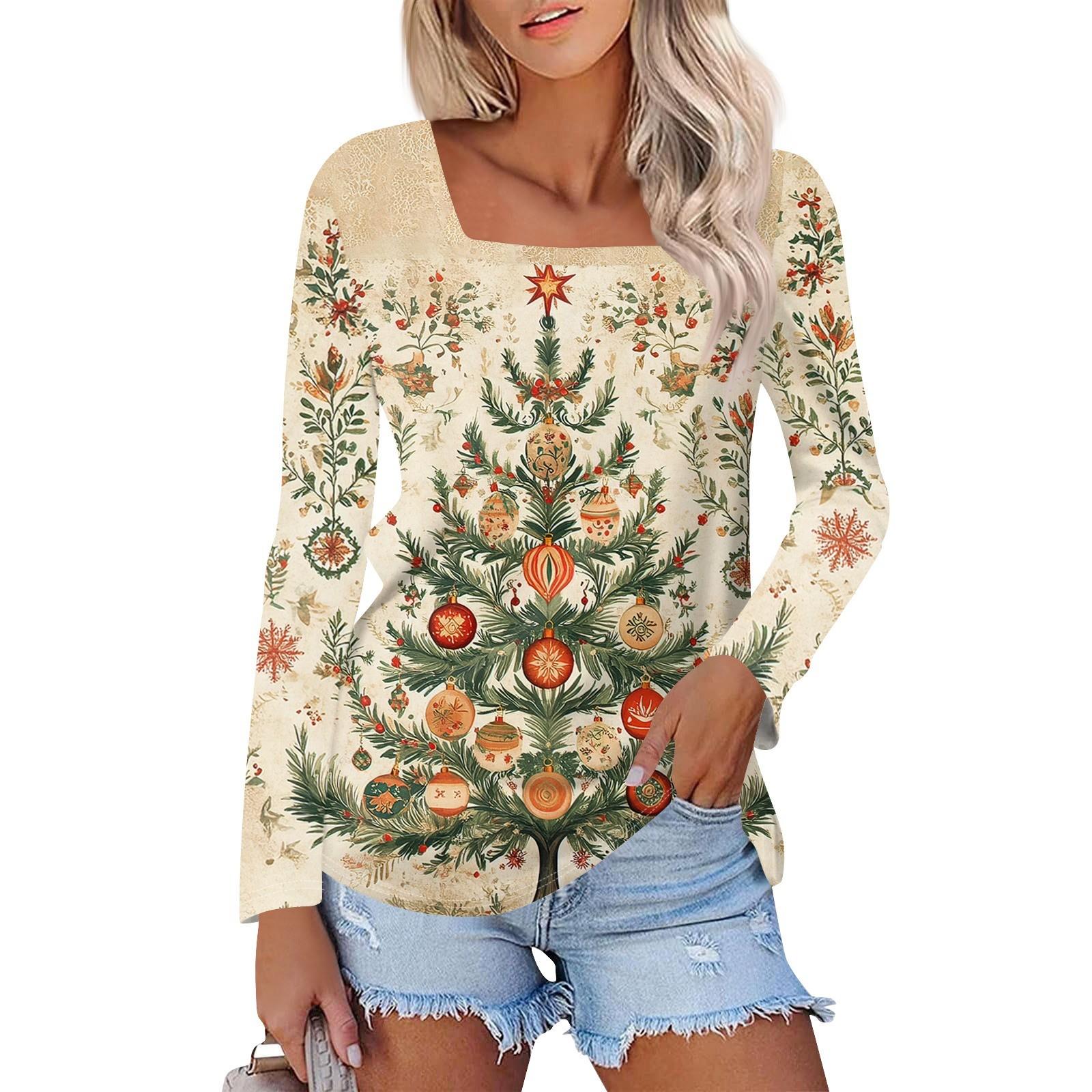

Рубашка для женщин, модная, повседневная, с квадратным вырезом, длинным рукавом, свободная, с рождественским принтом, женская футболка, топ XXXL хаки