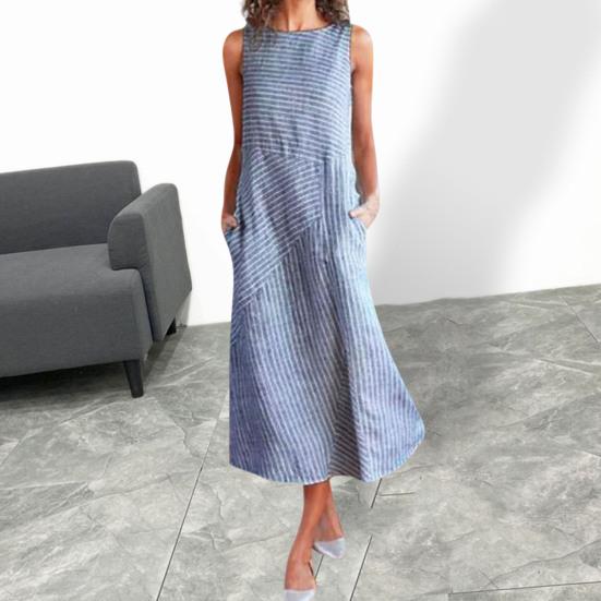 Women Summer Dress Striped Patchwork Sleeveless O-neck Loose Dress-up Pockets A-line Women Midi Dress Women Clothes