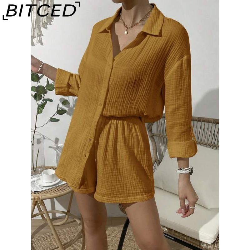 

BITCED Женский весенне-летний модный однотонный костюм с длинными рукавами, женские повседневные свободные шорты, комплект из двух предметов XL дубильная кора
