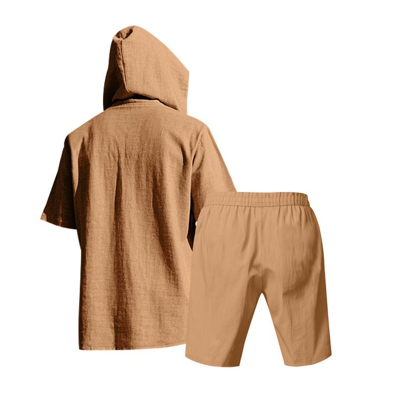 Men's Casual Linen Breathable Hooded Henley Shirt and Shorts Set