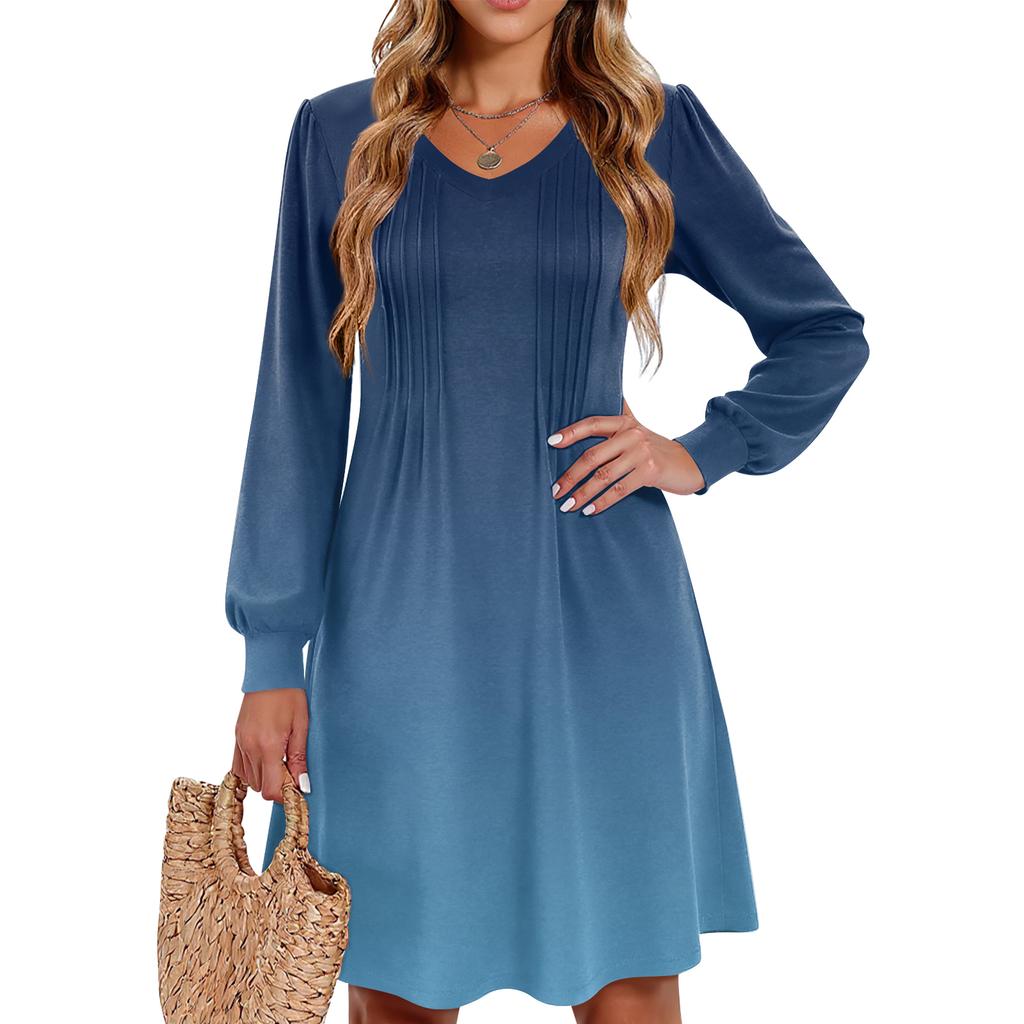 Ladies' Printed Casual And Fashionable V-neck Long Sleeved Mid Length Dress