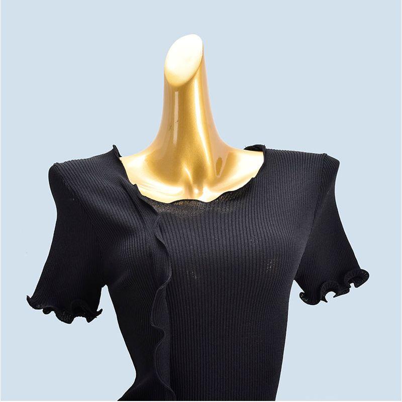 Wooden Ear Solid Color Rib Fabric Short Sleeve High Elastic Top Pullover Ice Silk Thin Women's Split Stylish