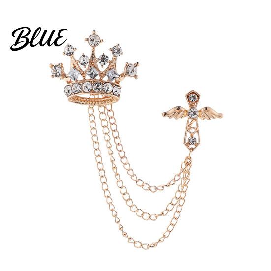 Dark Light Zircon Brooch Men's Pin with Chain British Crown