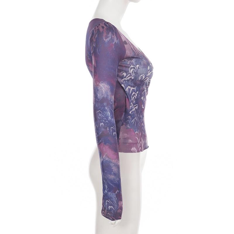 French Romantic Purple V-Neck Pleated Waist Retro Top with Long Sleeves