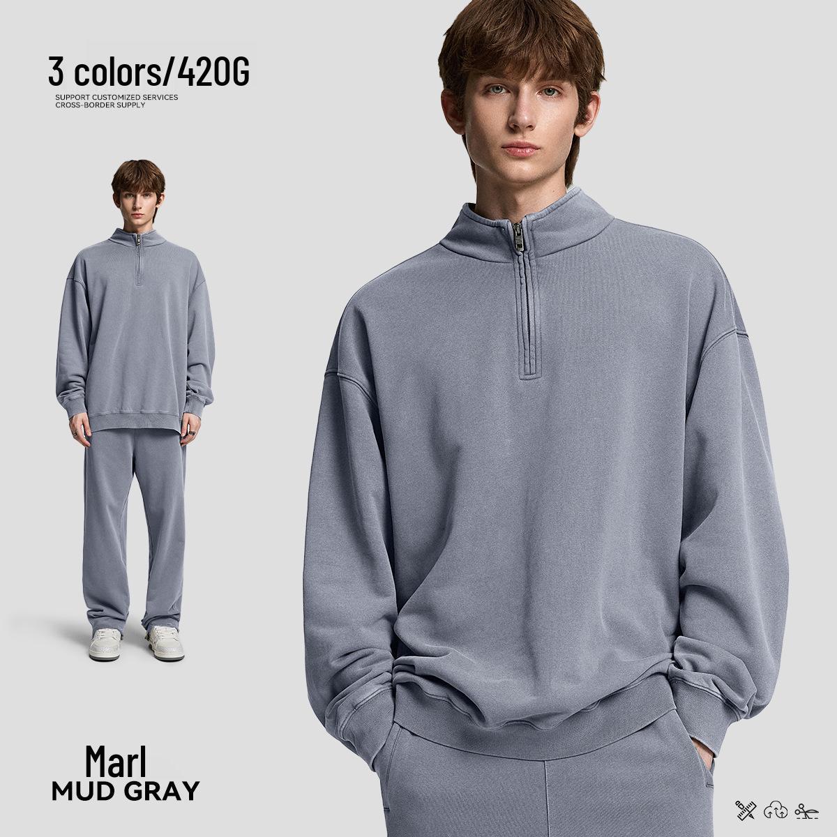 Autumn Heavyweight 420G Stand Collar Half-Zip Snowflake Wash Pure Cotton Unisex Hoodie M