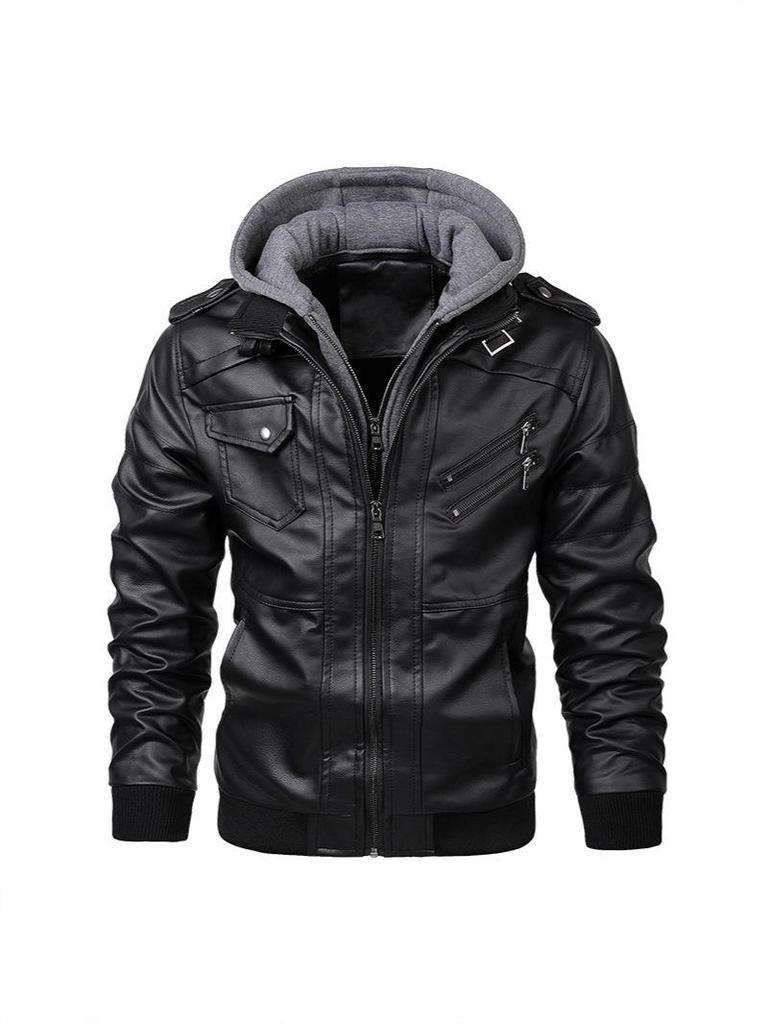 2025 Men's Plus Size PU Washed Leather Hooded Jacket, Two-piece Design.