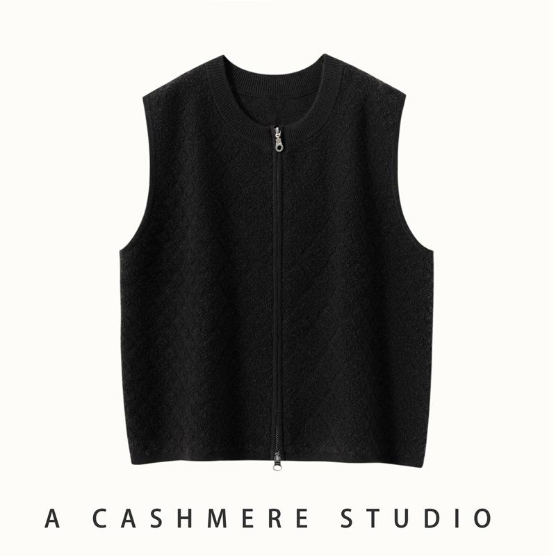 Women's Diamond Knit Cashmere Zipper Cardigan Vest - Loose, Thickened for 2025 Autumn/Winter