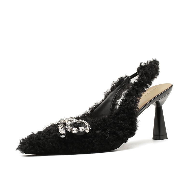 7519-2 [sheepskin] high-heeled fluffy shoes women's thin heels 2025 new baotou rhinestone bow shoes