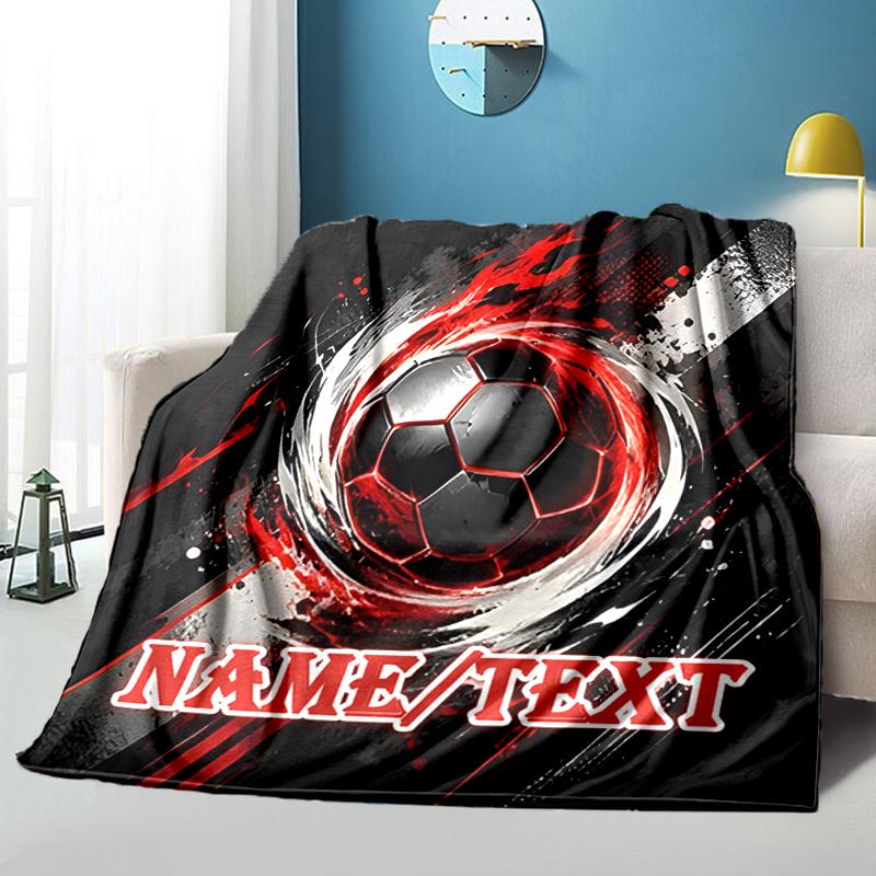 1PC Custom Name "Fiery Soccer Ball Artwork" Outdooor Flannel Blankets Throw Blanket All-Season Throw Gift Bedspread for Couch, Bed, Camping Holiday Bi