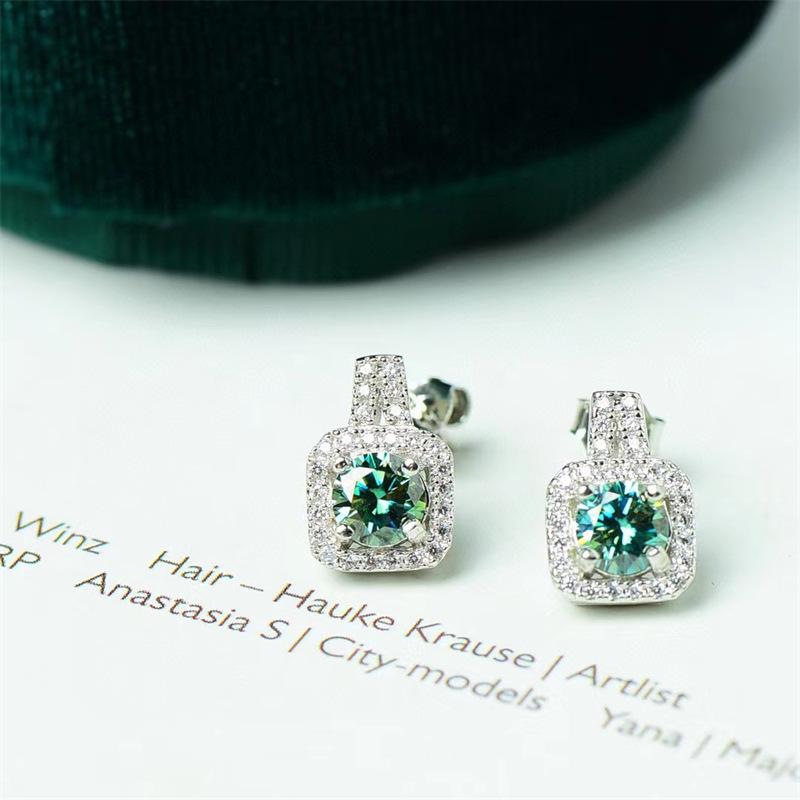 Women s Blue-Green Moissanite Stud Earrings: Round Cut VVS1 925 Sterling Silver Light Luxury