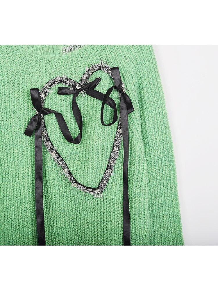 Xitao Mode Pullover Lose Stricken Spleißen Verband Bogen Herz Muster Frauen Pullover LDD2226