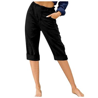 Summer European And American Women Cotton Linen Loose Mid Waist Cropped Pants Comfortable Casual Three Quarter Length Trousers