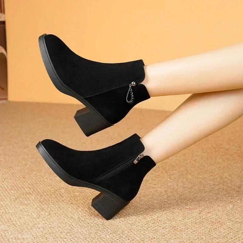 Fashion 2025 New Fall-Winter Fashion Solid Color Ankle Boots Round Toe Square Heel Side Zipper Solid Color Casual Boots Keep Warm 35-41