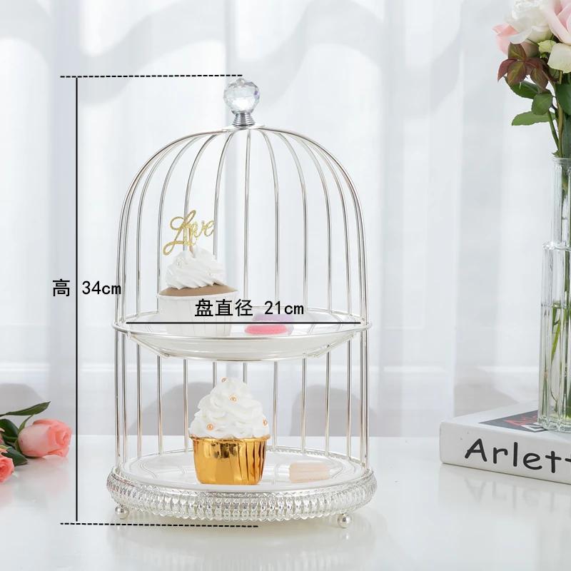 Birdcage Cake Stand Two Floors Three Floors Ceramic Plate Golden Silver Metal Snack Rack Dessert Cake Pastry Tray Display Stand