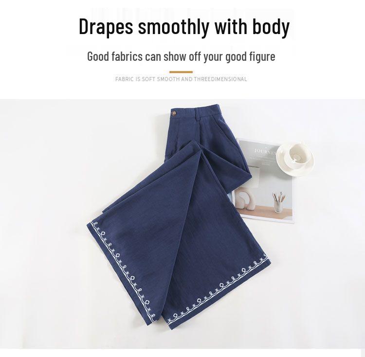 Women's Embroidered Ice Silk Cotton High-Waisted Wide-Leg Pants for Spring/Summer 2026