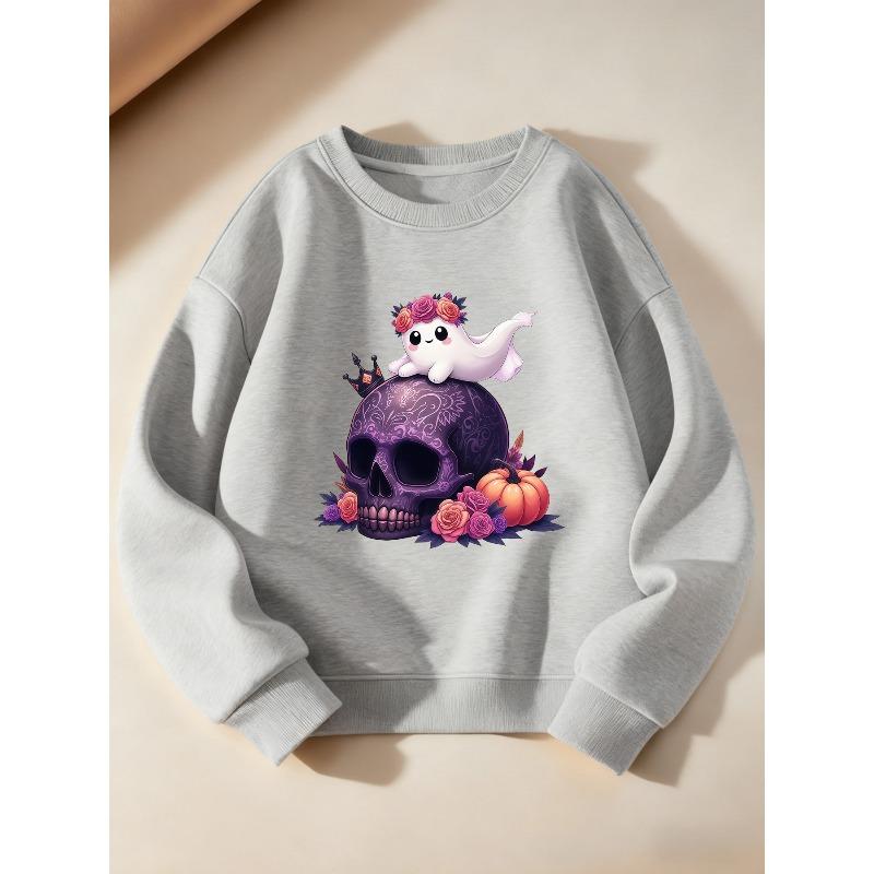 Girls' Fashion Long Sleeve Crew Neck Sweatshirt with Purple Skull Pumpkin Ghost Print | Casual, Slight Stretch Fabric, Regular Fit