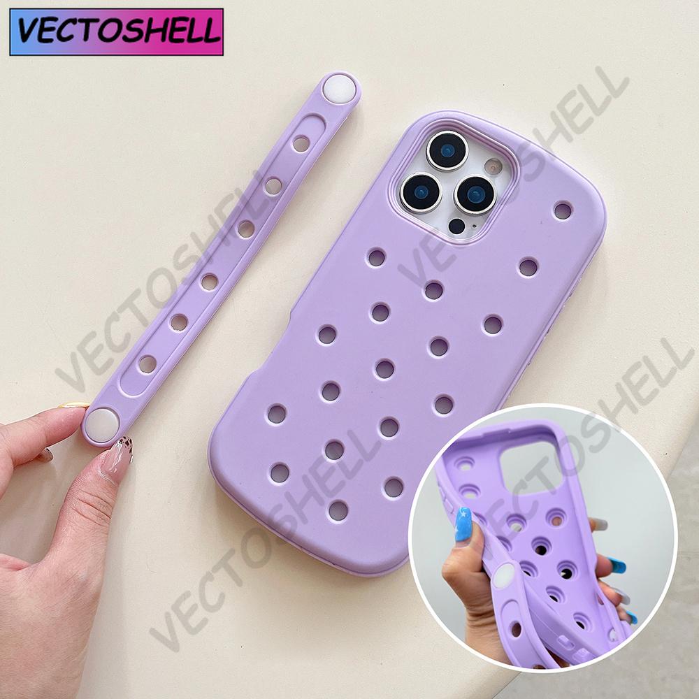 For Crocs Charms DIY Wrist Strap Holder Phone Case For iPhone 17 16 15 14 Pro Max Air 13 Solid Color Soft Silicone Back Cover