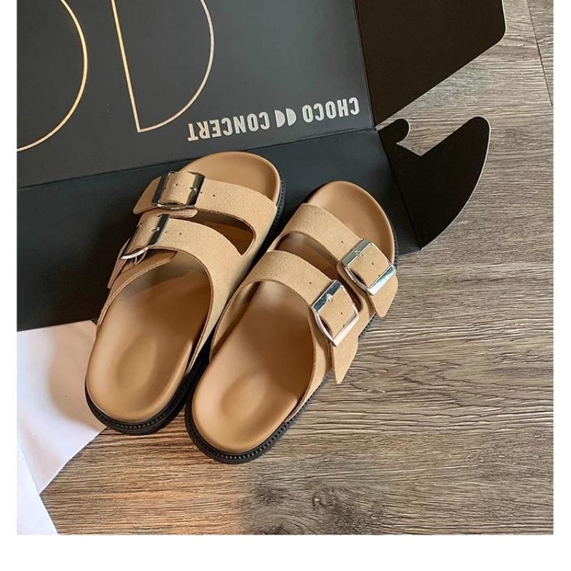 Cowhide version thick-soled slippers women's genuine leather flat-bottomed outer wear one-word belt buckle cool slippers Boken half slippers