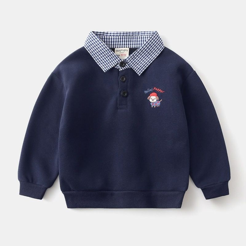 Spring and Autumn Children's Clothing Boys' Long-Sleeved Sweatshirt Children's Fake Two-Piece Pullover Baby Embroidered Puppy Lapel Top