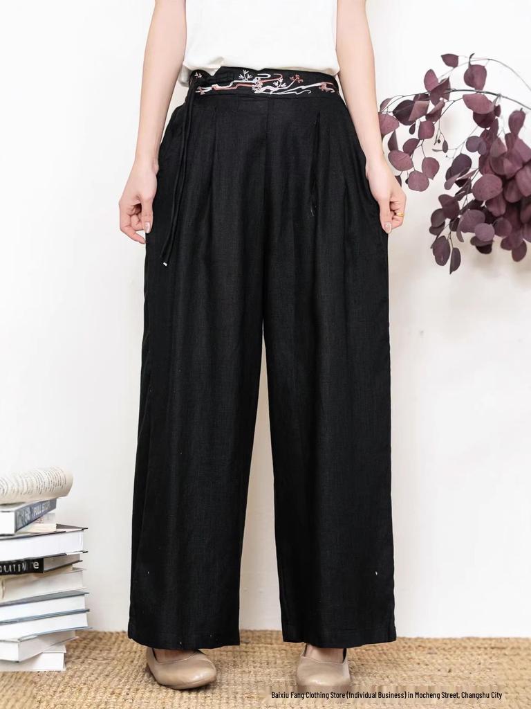 Women's Artistic Retro Embroidered Linen Wide-Leg Pants - Spring/Autumn Style, Versatile Loose-Fit, Straight-Leg Design