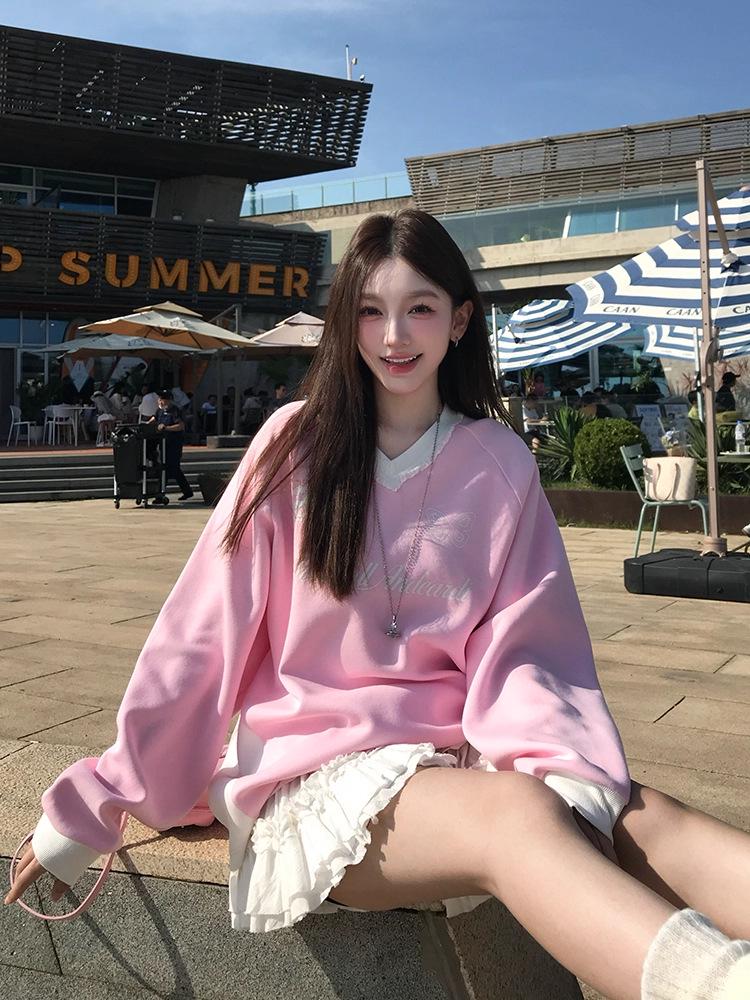 Women's V-Neck Lace Sweatshirt: Autumn-Winter Ballet Style, Navy Blue, Loose Slimming Fit