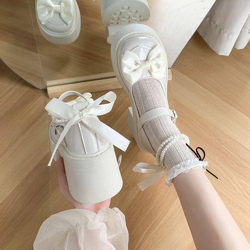 Thick Sole with Skirt Princess Round Head Pearl Small Leather Shoes 2025 Summer New Mary Jane Shoes Thick Heel High Heel Single Shoes