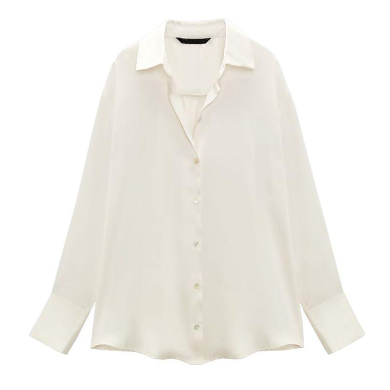 Spring New Style White Tops Lapel Loose Long Sleeves Classic Silk Satin Textured Shirt for Women 7969046