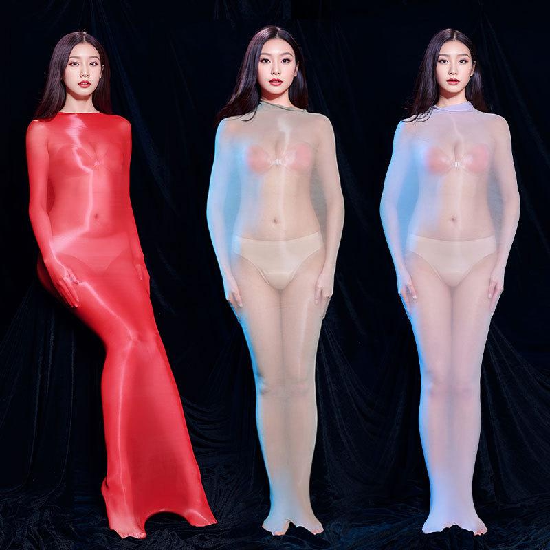 Sexy Seamless Glossy Sleep Sack Ultra-thin Tight-fitting Silky Full-body Wrapped One-piece Erotic Stockings Sheer Head-covering