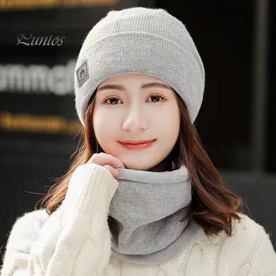2 Pcs/Set Lady Winter Beanie Scarf Sert Knitted Elastic Ear Protection Brimless Windproof Cap Neck Wrap Set Outdoor Cycling Skiing Headwear