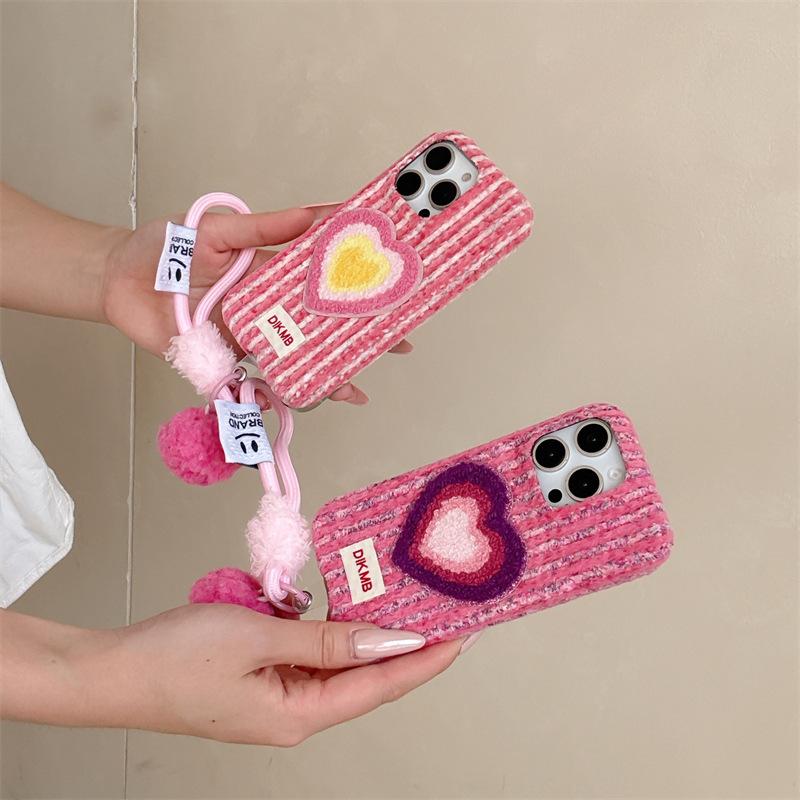 Cute Fluffy Plush iPhone Case with Colorful Heart Decor & Elastic Wrist Strap Sweet Phone Cover for iPhone 17/15/14/13 Pro Max