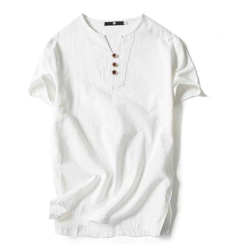 Summer  men's cotton and linen short-sleeved T-shirt men's three-button solid color large-size youth stand-up collar top