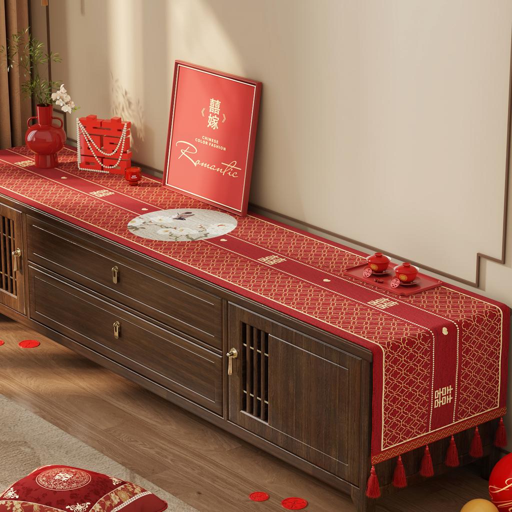 Wedding Tv Cabinet Tablecloth Light Luxury High-End Red Side Cabinet Long Strip Cover Festive Coffee Table Decorative Cloth