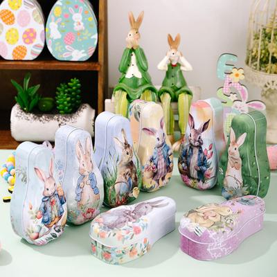 Easter Tinplate Candy Box Bunny Pattern Cookie Biscuit Storage Tin Metal Empty Chocolate Treat Packaging Container Easter Gift Box with Lid for