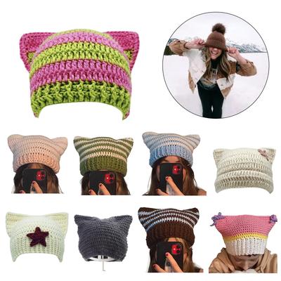 Fashion Beanie Hat for Women Girls Cat Ear Knit Hat Lovely Anime Skull Hat Y2K Moom Crochet Bonnet Hat Punk Headdress