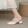 WTEMPO Summer Wrapped Toe Sandals Women's Square Toe Middle Thick Heel Pearl Soft Leather Soft Sole Slippers Fairy Style Comfortable Wear-resistant