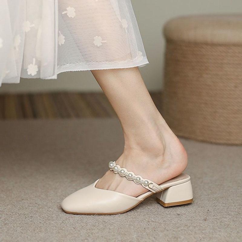 WTEMPO Summer Wrapped Toe Sandals Women's Square Toe Middle Thick Heel Pearl Soft Leather Soft Sole Slippers Fairy Style Comfortable Wear-resistant