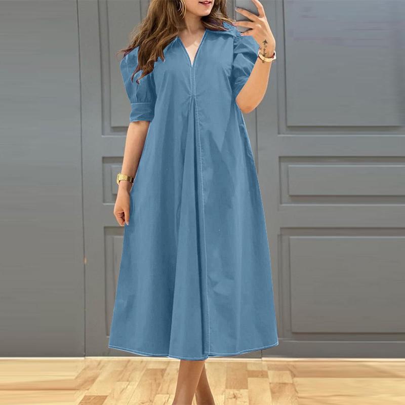 

ZANZEA Женское повседневное свободное платье с коротким рукавом и V-образным вырезом M синий