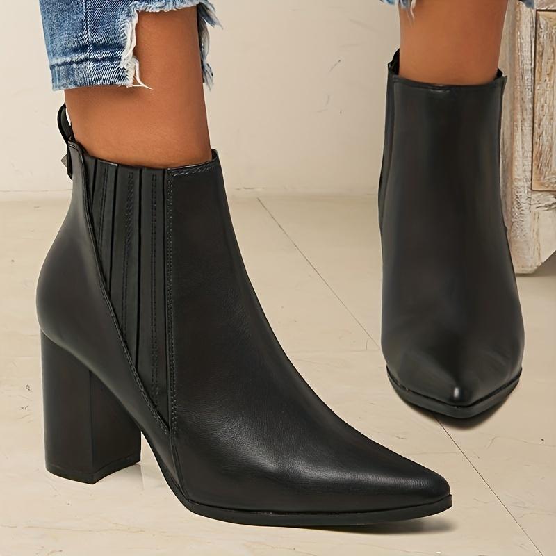 Women's Solid Color Trendy Boots, Slip On Casual Chunky Heel Ankle Boots, Point Toe Chelsea Boots