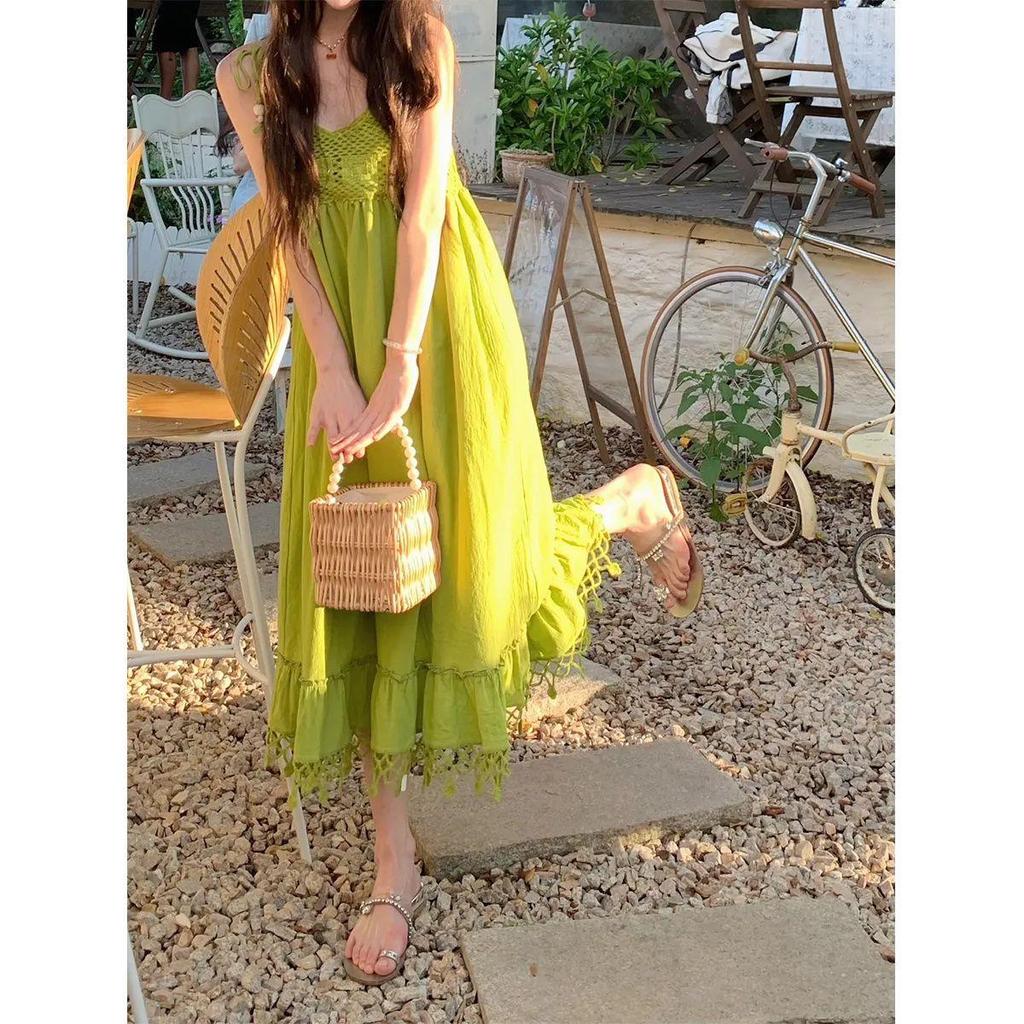 Bohemian Green Tassel Two-Piece Sleeveless Spaghetti Strap Summer Babydoll Mini Dress for Women