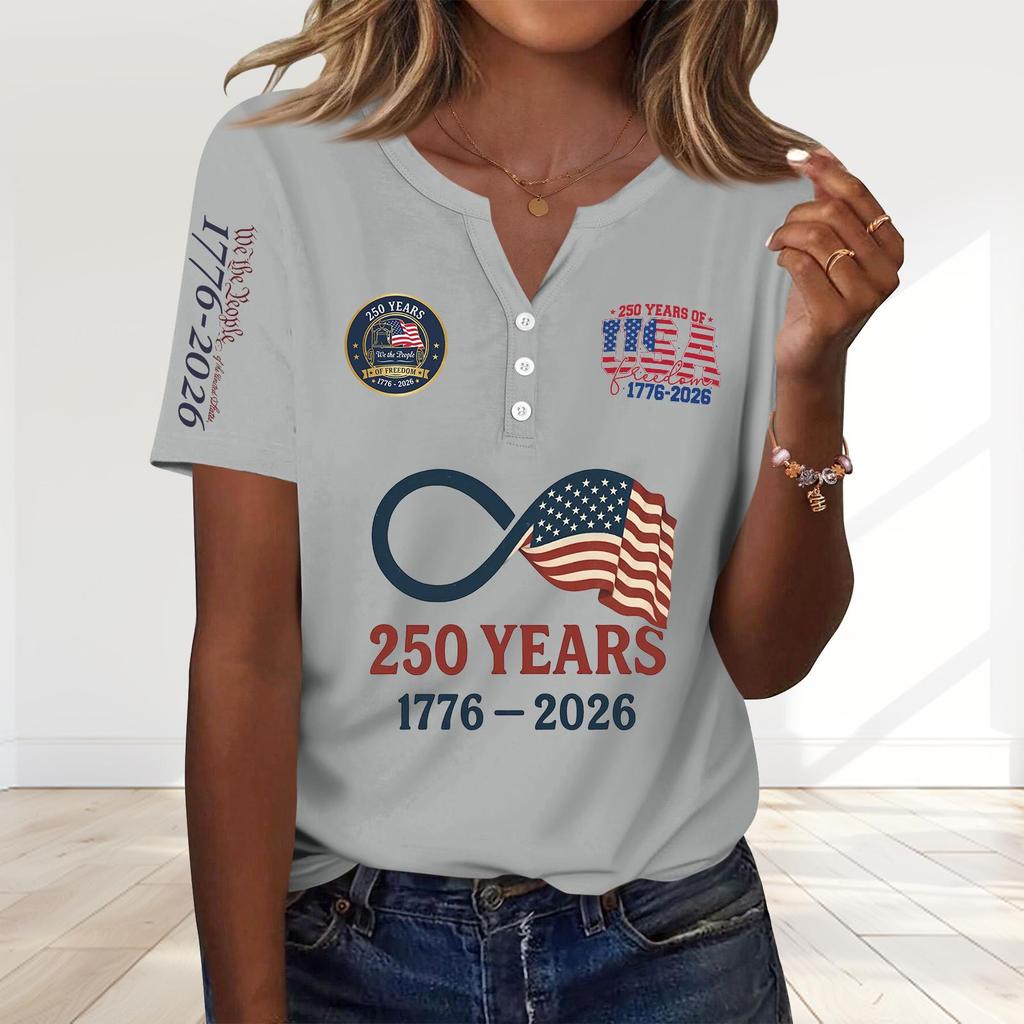 Women's Fashion Casual 250th Anniversary Independence Day Print V-Neck Short Sleeve Decorated Button-Up T-Shirt
