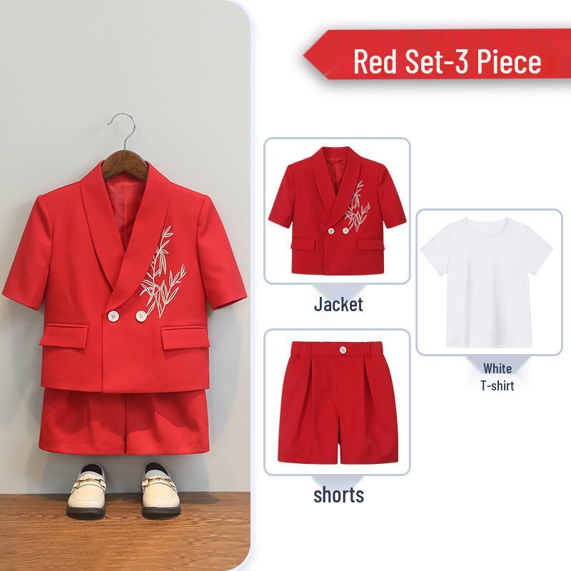 Boys' Chinese Style Summer Suit: Short Sleeve Embroidered Set for Weddings